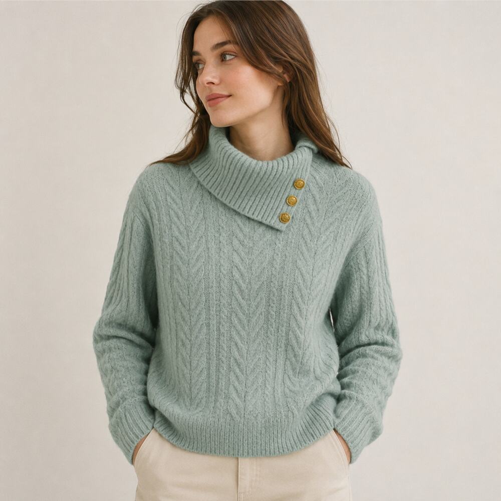 EP SZ L Mohair Wool Blend Cable Knit Sweater Soft Green Gold Buttons